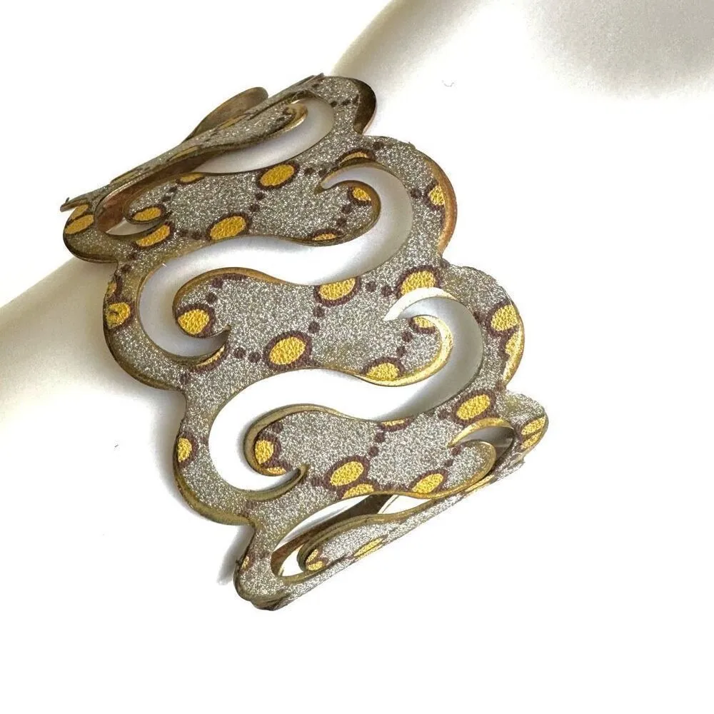 Silver gold tone wide cut out open cuff bracelet - Image 5