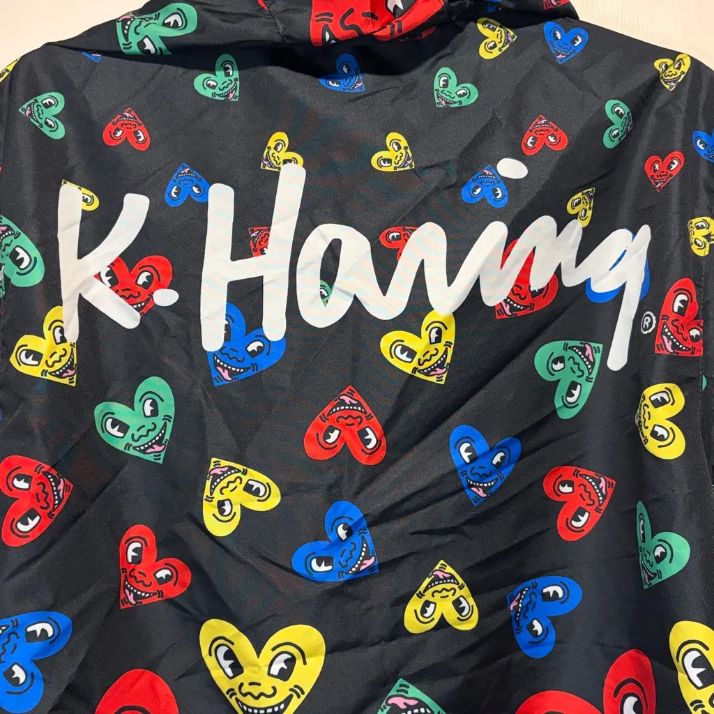 Members Only x K. Haring- Colorful Heart Faces Black Windbreaker Hood- Size L - Image 6