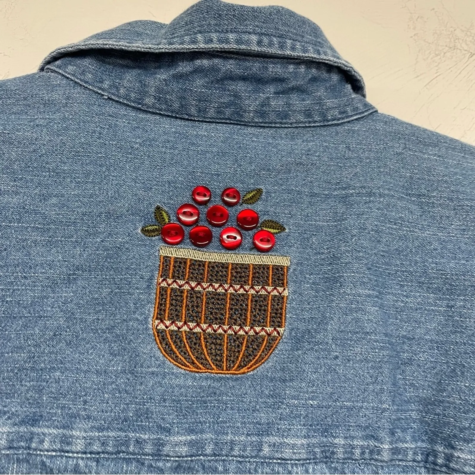 Christopher & Banks Denim Button Down Red Apples Embroidery Grandma Core Shirt M - Image 8