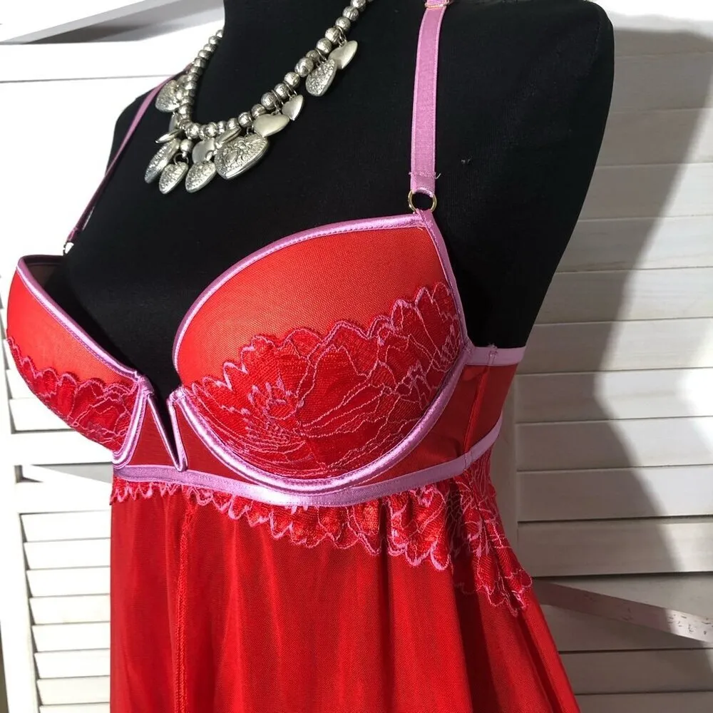 Auden Intimates Babydoll Lingerie Underwire Padded Lace Mesh Red Pink Size Small - Image 8
