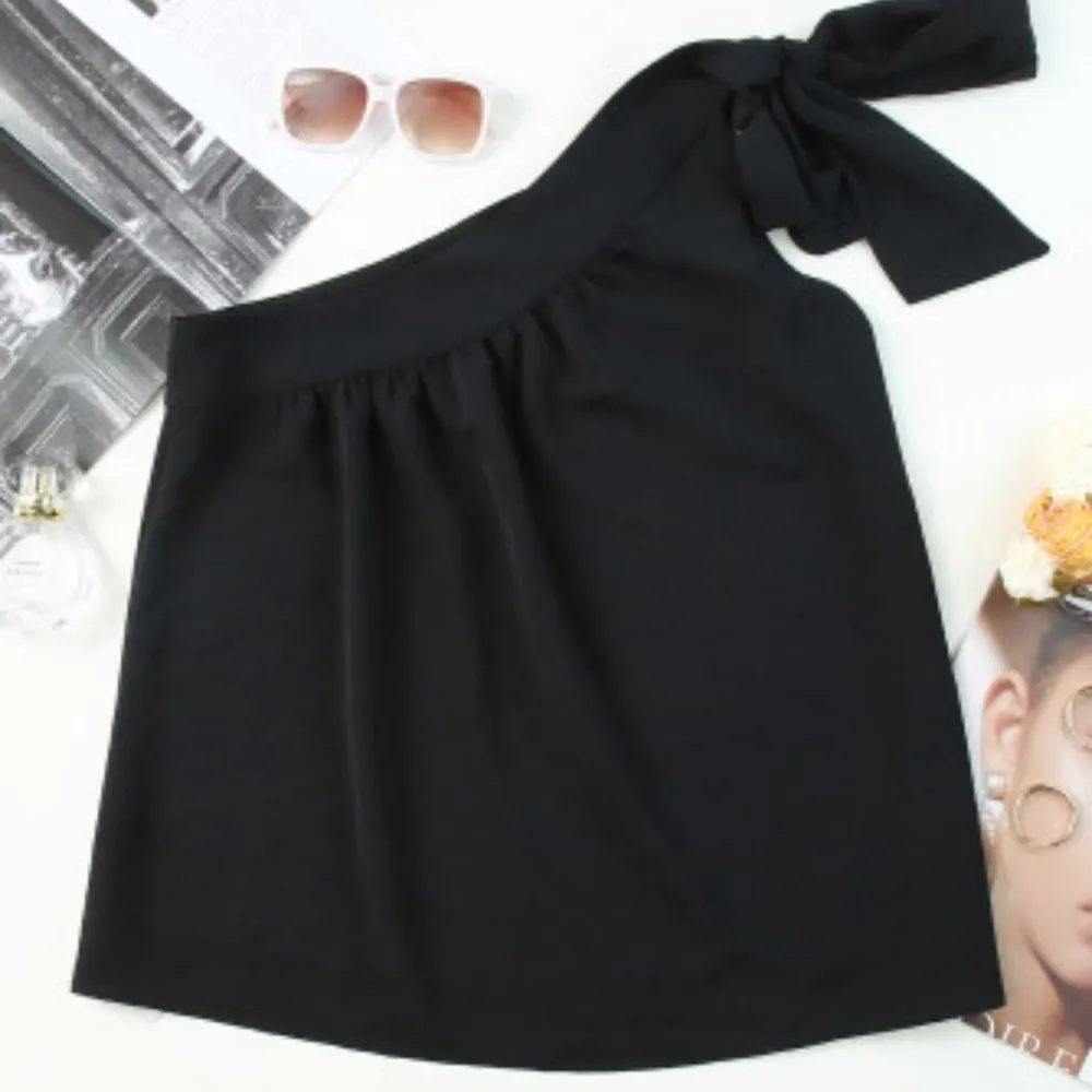 NEW Black Asymmetric One Shoulder Tied with Bow Sash Pleated Blouse L Size L - Image 6