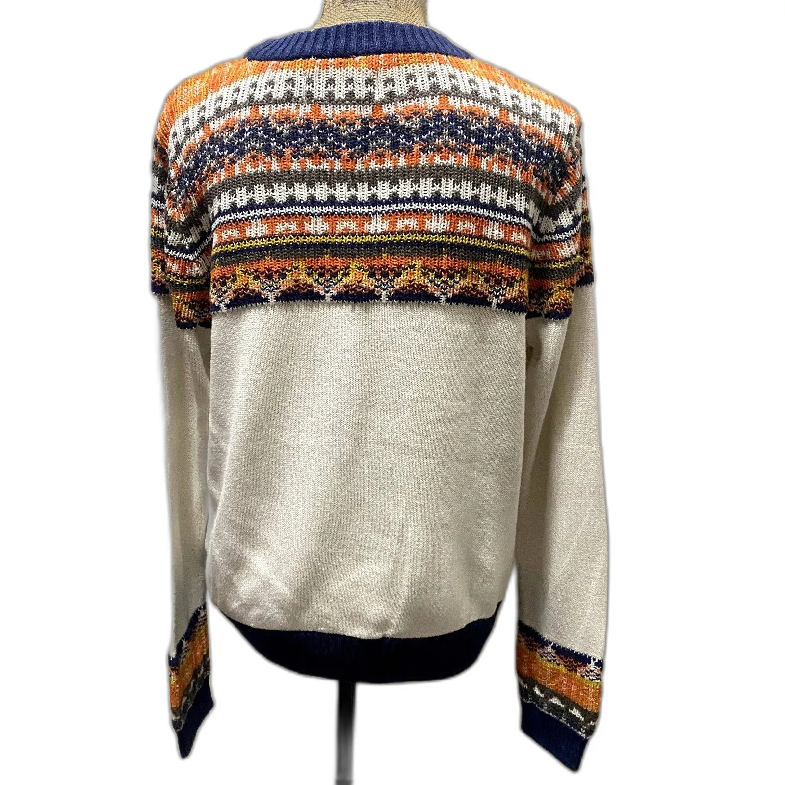 Aventura Schaffer Fair Isle Sweater Organic‎ Cotton Ivory Navy Orange Size Large White - Image 2