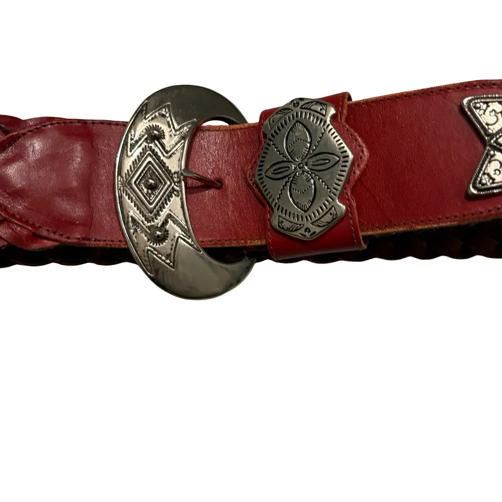 Vintage Braided Southwestern Wide Leather Belt with Silver Buckle, Sz M Red - Image 8