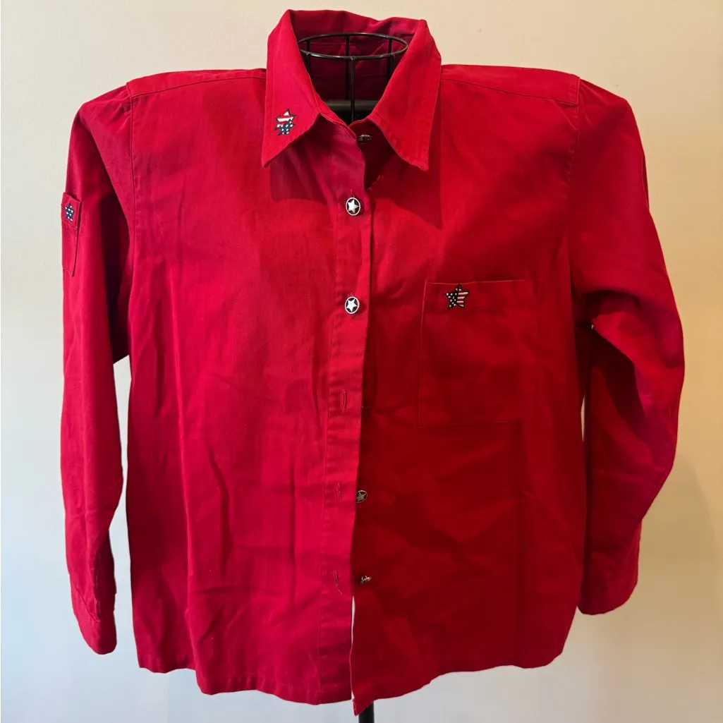 Red Star Patriotic Flag Button Up Woman’s Long Sleeve Collared Top Size Medium - Image 1