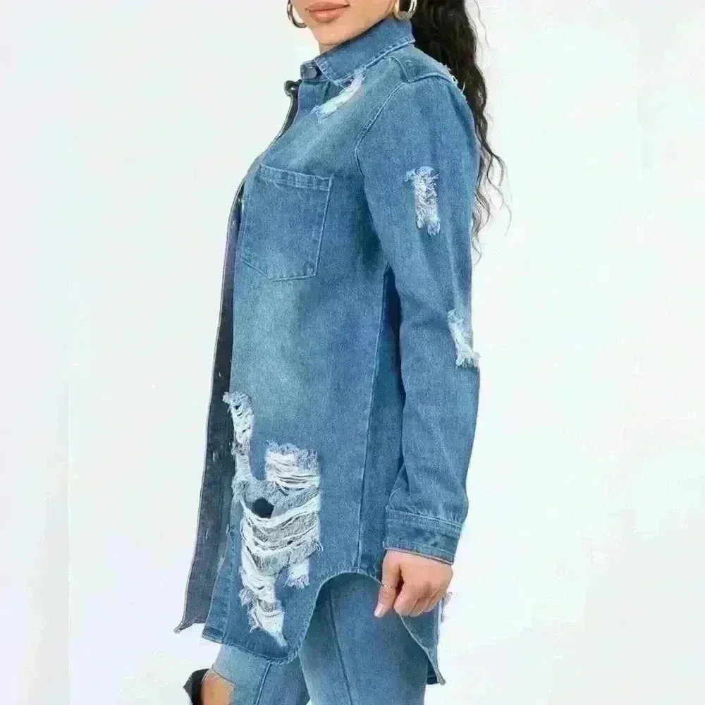 America Bazi Distressed Button Up Long Sleeve Denim Jacket (512) - Image 5