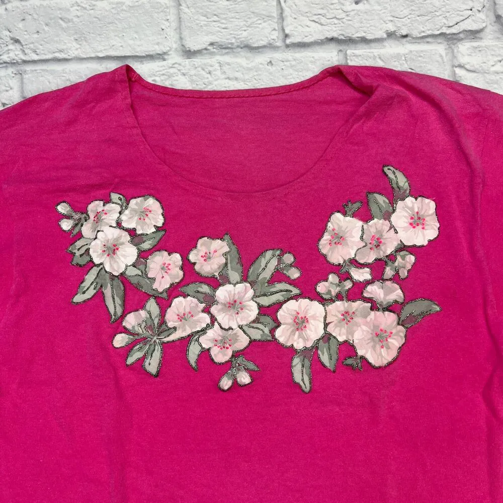 Vintage Glitter Puffy Paint Floral Logo Short Sleeve Shirt Pink Cropped Size M - Image 2