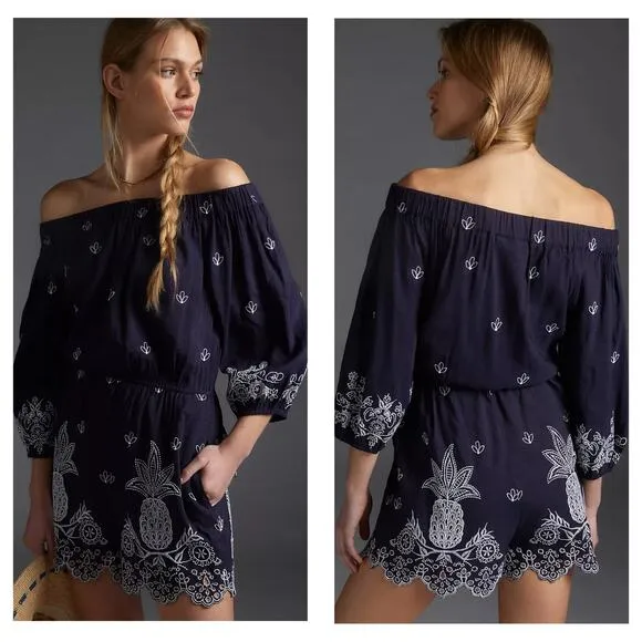 Farm Rio Jackie Embroidered Romper Medium Blue Off Shoulder Pineapple Boho - Image 2