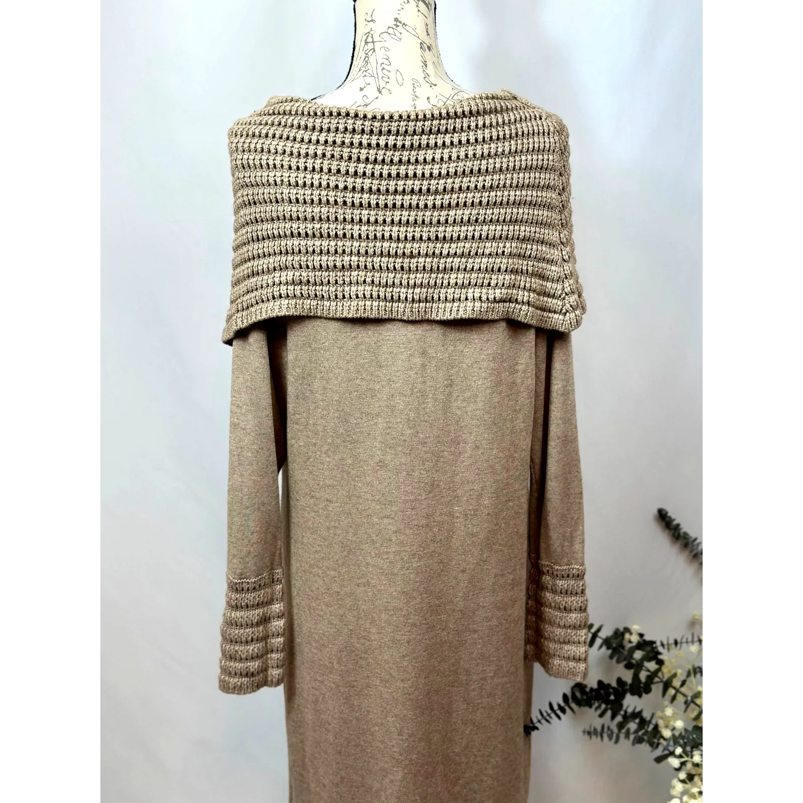 Philosophy Cowl Neck Crochet Overlay with Matching Cuffs Dress Taupe XL - Image 13