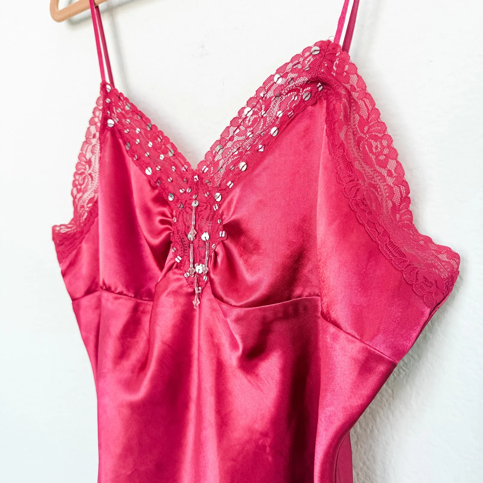 Y2K One Step Up Beaded Lace Cami Dark‎ Pink Size Large Coquette Fairy Glam - Image 4