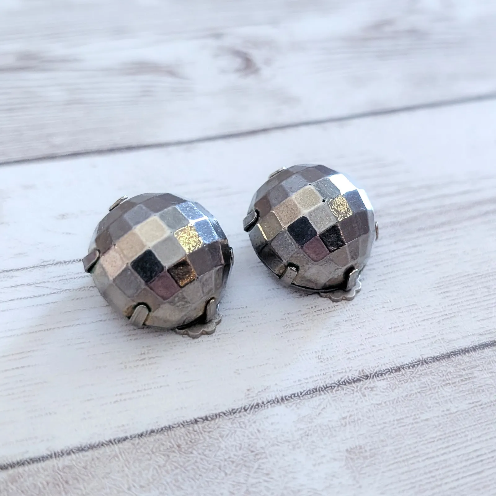 Vintage Clip On Earrings Silver Tone Domed Disco Ball Like - Image 3
