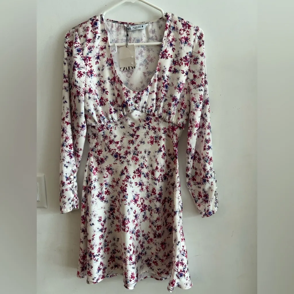 ZARA Floral Mini Dress Size S Long Sleeve Button Cuff V-Neck Fit & Flare NWT - Image 3