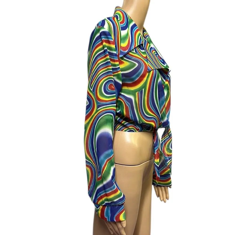 Hot Stuff Psychedelic Print Front Tie Long Sleeve Button Up Blouse Top Medium Blue - Image 5