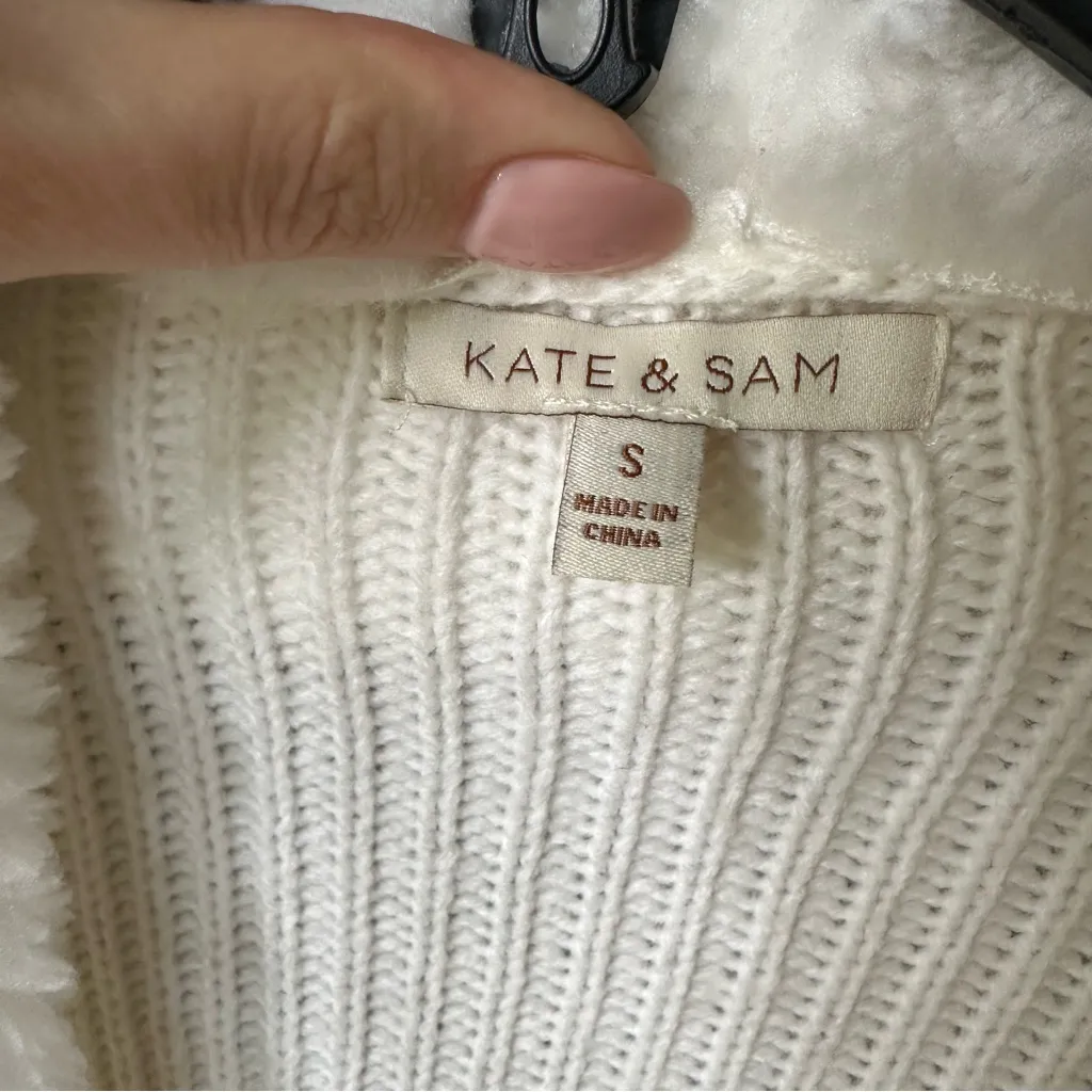 Kate & Sam Cream Knit Faux Suede Faux Fur Open Asymmetrical Cardigan Size Small - Image 3