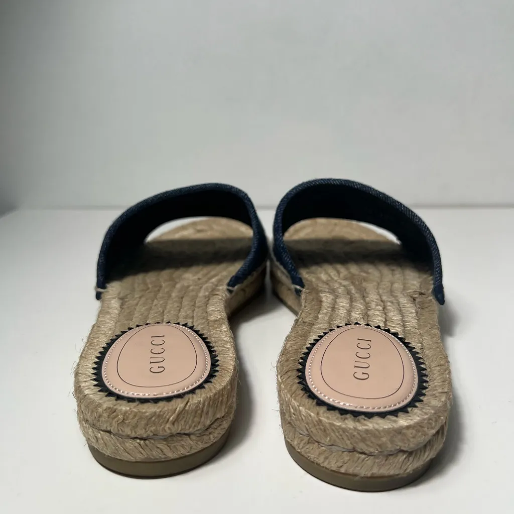 Gucci GG Blue Denim Rhinestone Glitter Slip On Espadrille Slide Sandals - Image 13