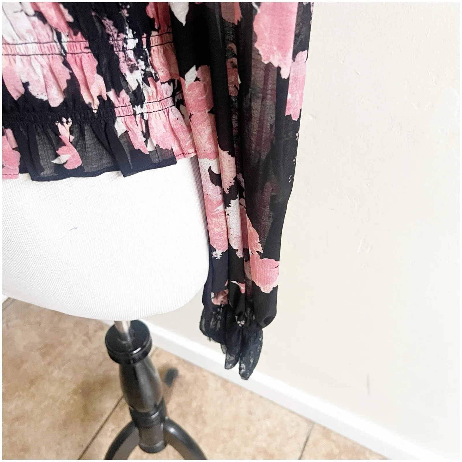 Free People Daphne Floral Blouse Midnight Combo Size Large Black Pink Whimsigoth - Image 9