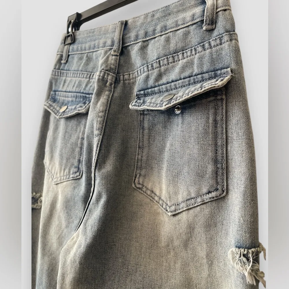 Women Loose Fit Boyfriend Jeans Baggy Y2K Straight Leg Star Patchwork Size Small Blue - Image 9