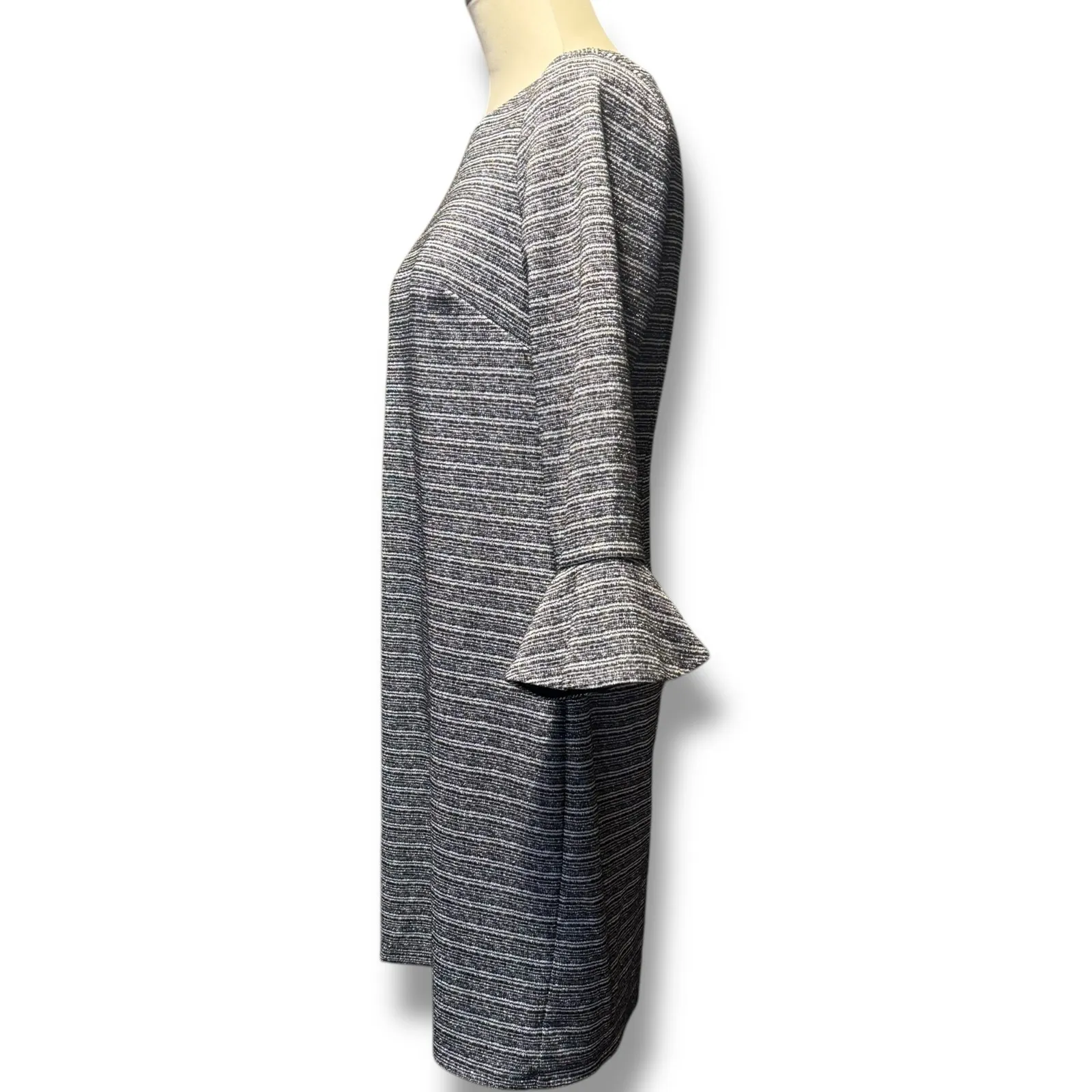 Jessica Howard Missy Stripe Ruffle Bell Sleeve Shift Dress Black Silver 12P - Image 3