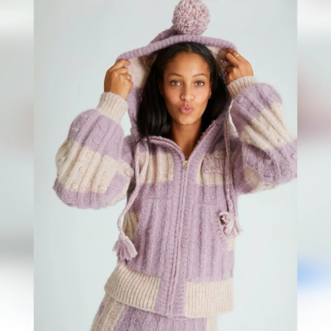 LoveShackFancy Jogger Lilac Chunky Bauble Knit Ribbed Alpaca/Wool Lounge Set L - Image 2