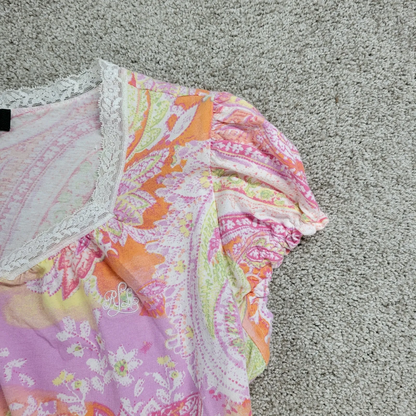 Lauren Ralph Lauren Pajama Short Set Womens S Orange Pink Paisley Lace Cotton - Image 7