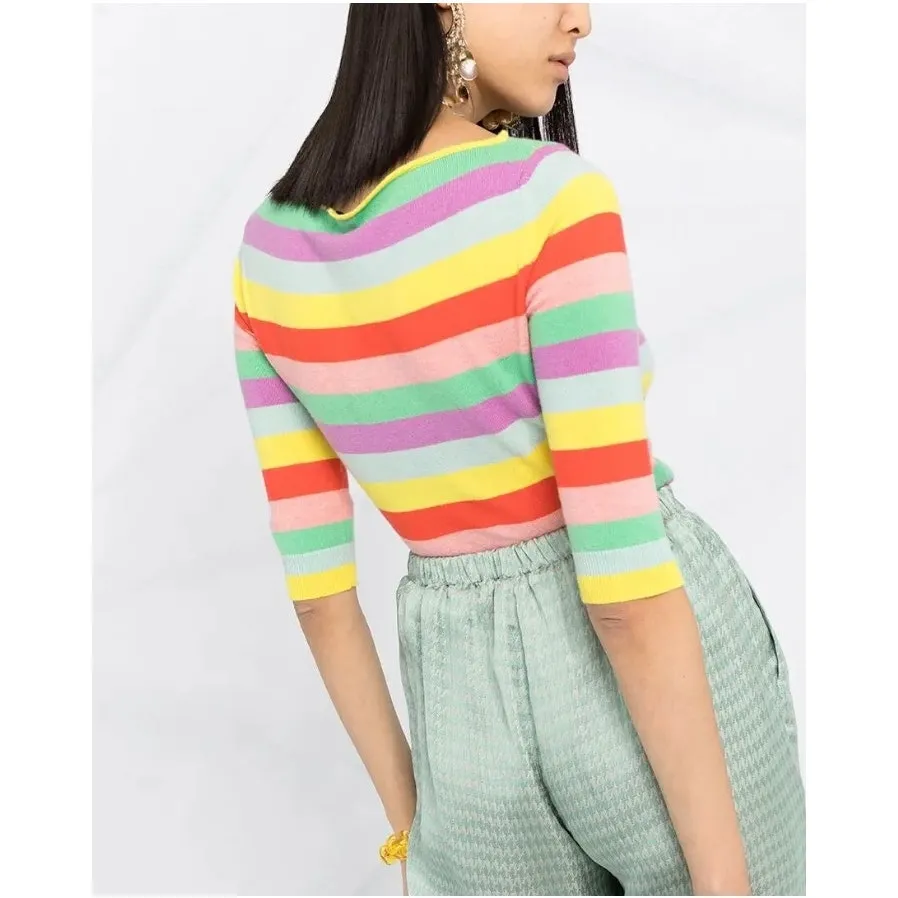 Etro Cashmere Stripe Multi Colored Cropped Boat Neck Stripe Sweater Yellow - Image 12