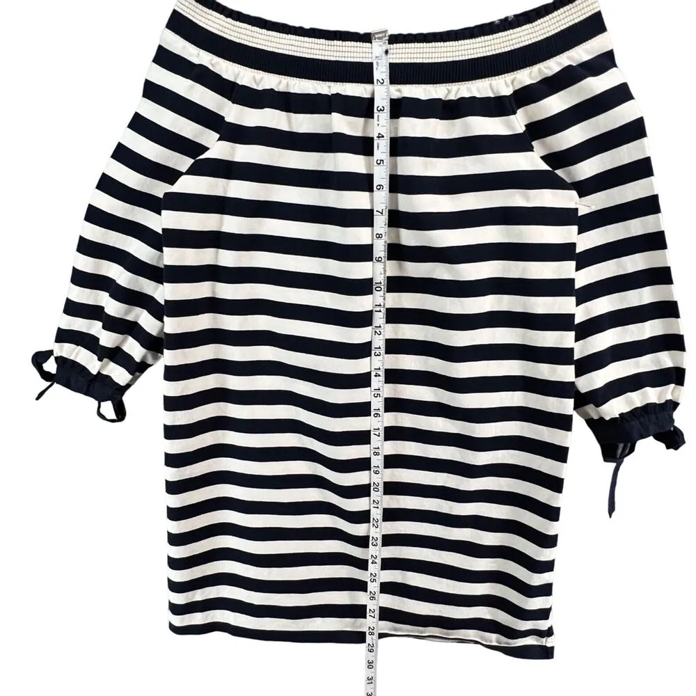 J Crew Dress S Blue White Striped Muslin Off Shoulder Smocked Nautical Preppy - Image 8