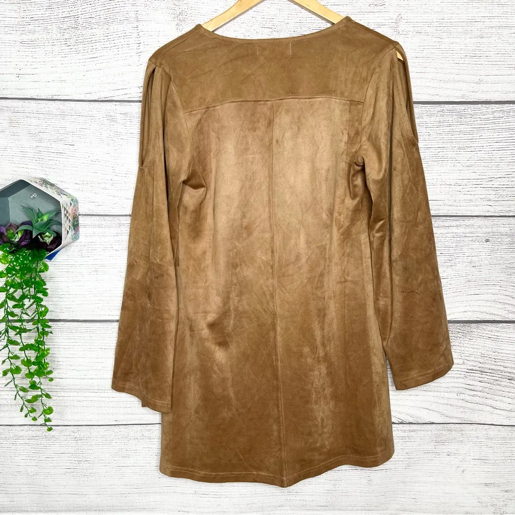 Mink Pink Tan Faux Suede Long Bell Sleeve Open Shoulder Mini Dress Size Medium - Image 13