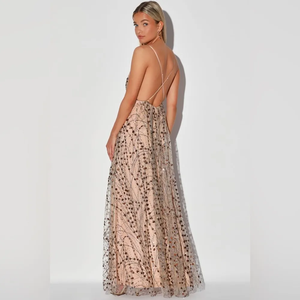 Lulu’s Luminous Night Taupe Glitter Sequin Maxi Dress, Size M, NWT - Image 13
