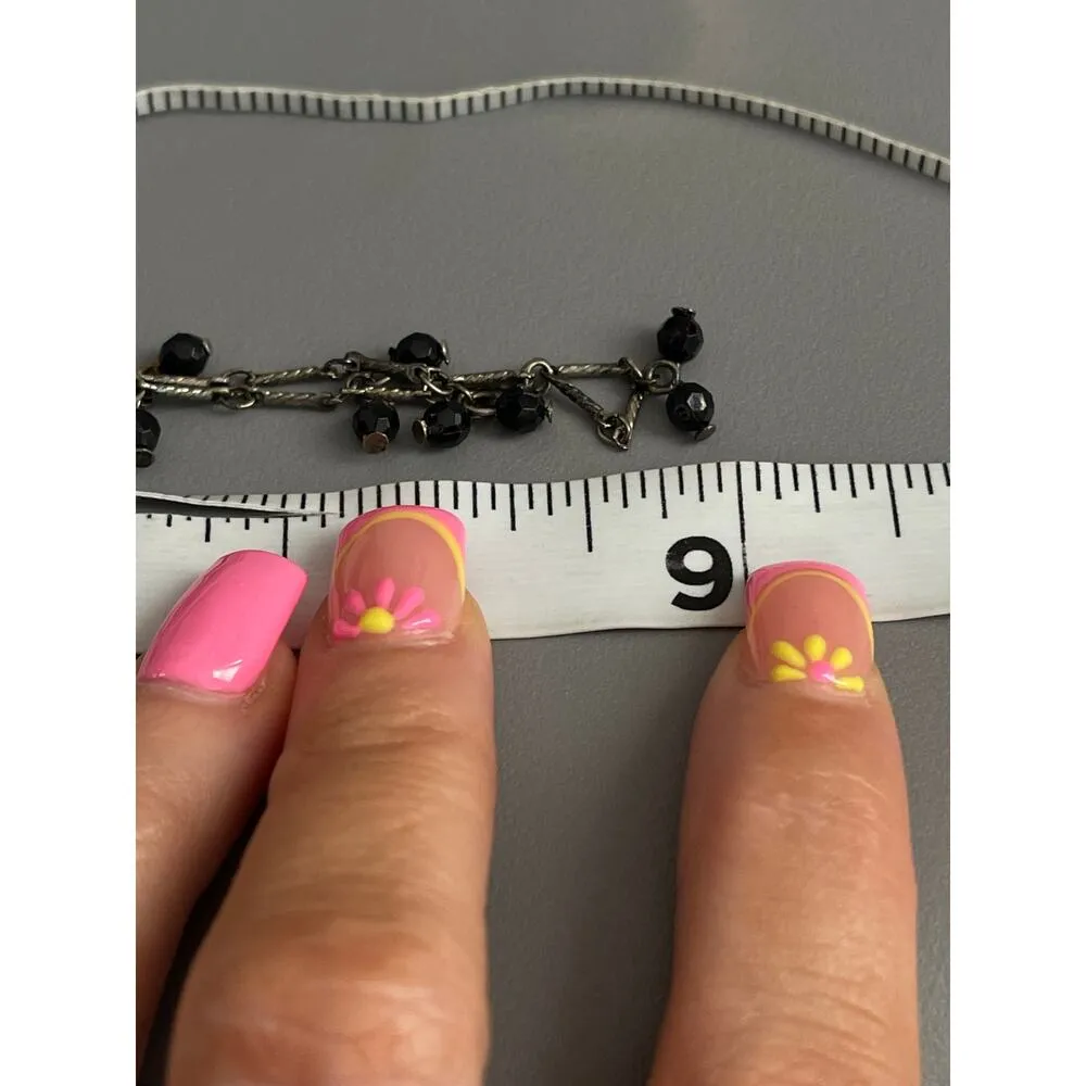 Vintage Dainty Bone Chain Black Beaded Silver Necklace - Image 5