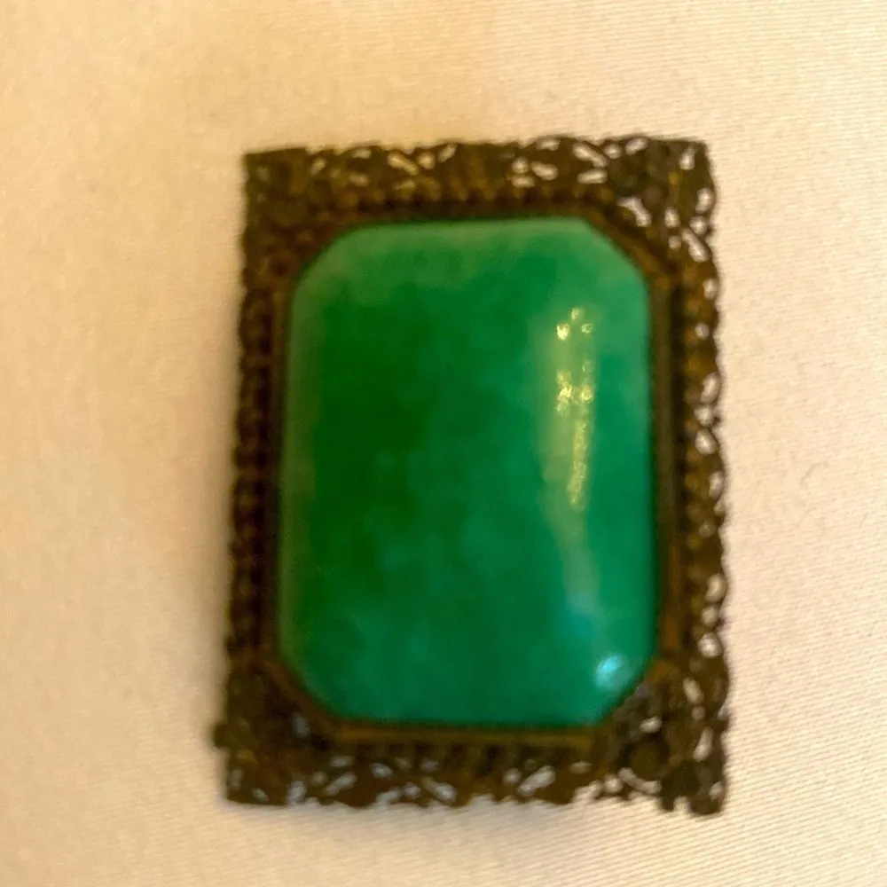 Vintage green amazonite stone framed with brass filigree border. Handmade. - Image 2