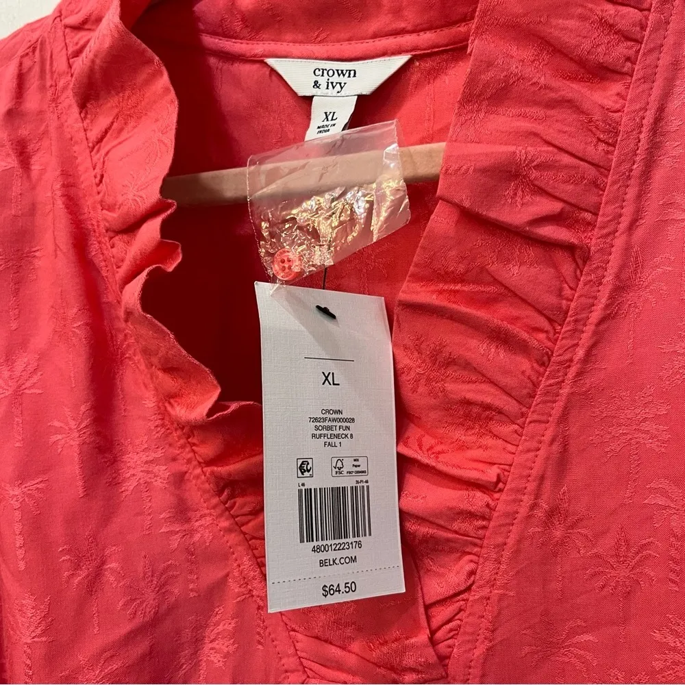 NWT Crown and Ivy ruffle neck coral palm tree blouse size XL - Image 4