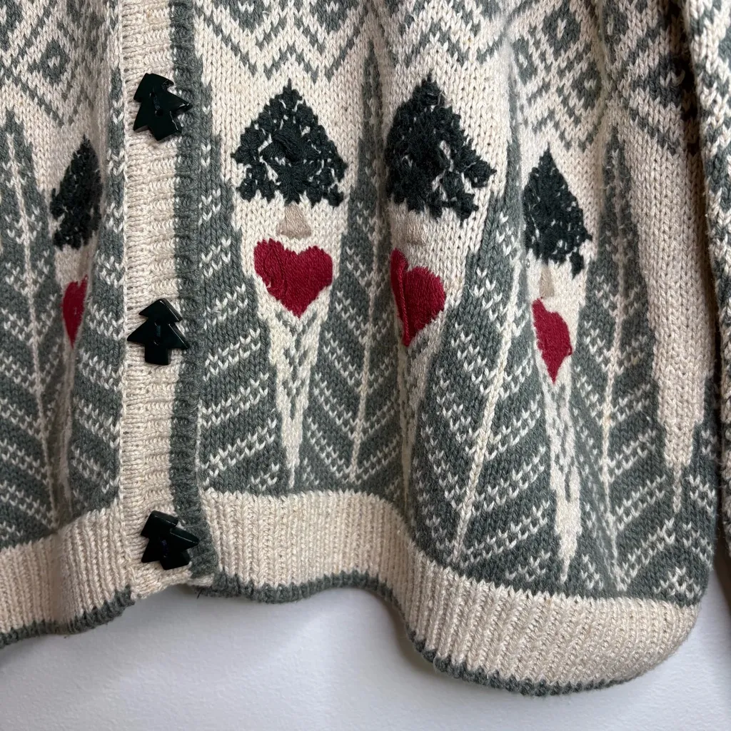 Woolrich Tree Heart Print Sweater S Ramie Cotton‎ Button Cardigan Outdoorsy - Image 4