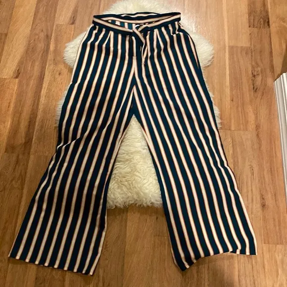 Amuse Society Vertical Striped Wide Leg Tie Front Pants EUC Sz S Polyester - Image 10