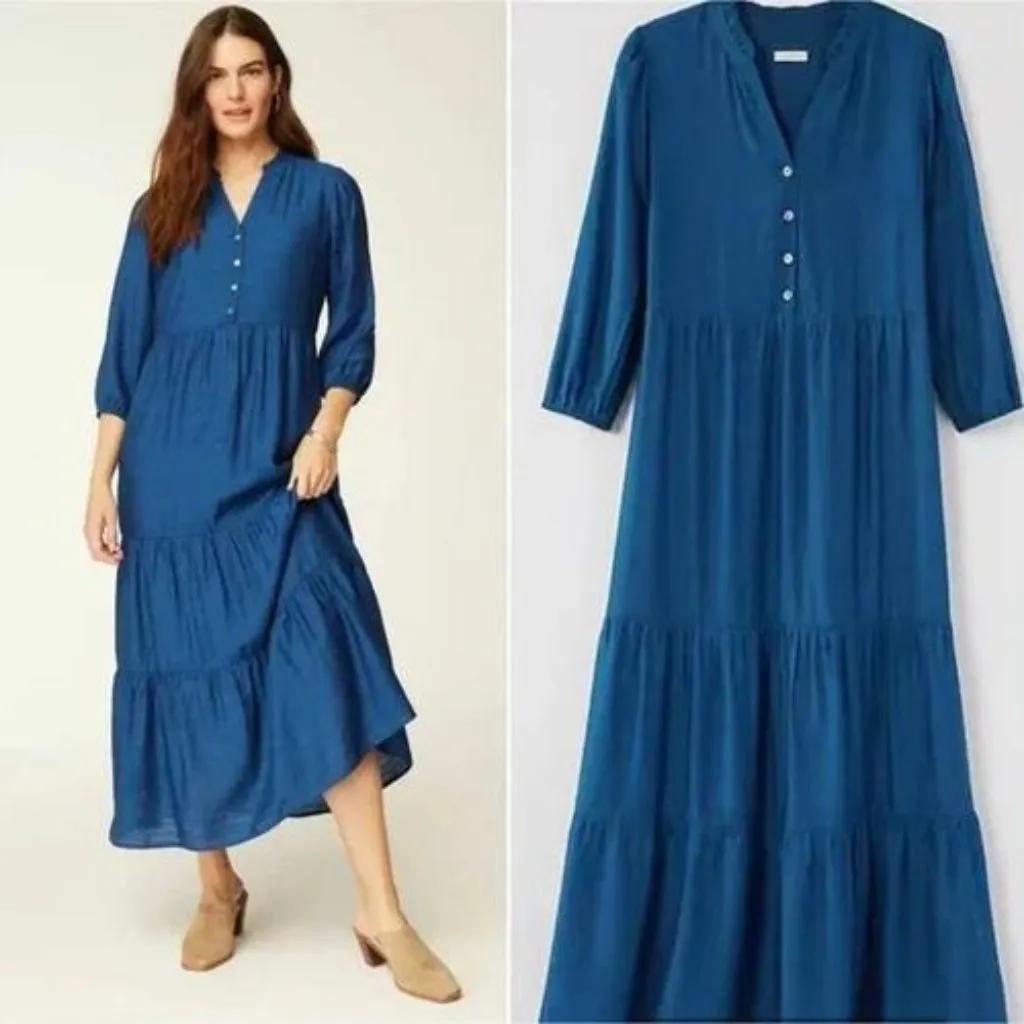 J‎ Jill XL Petite Blue Tiered Midi Dress  Button Front Long Sleeve Ruffle Collar - Image 2