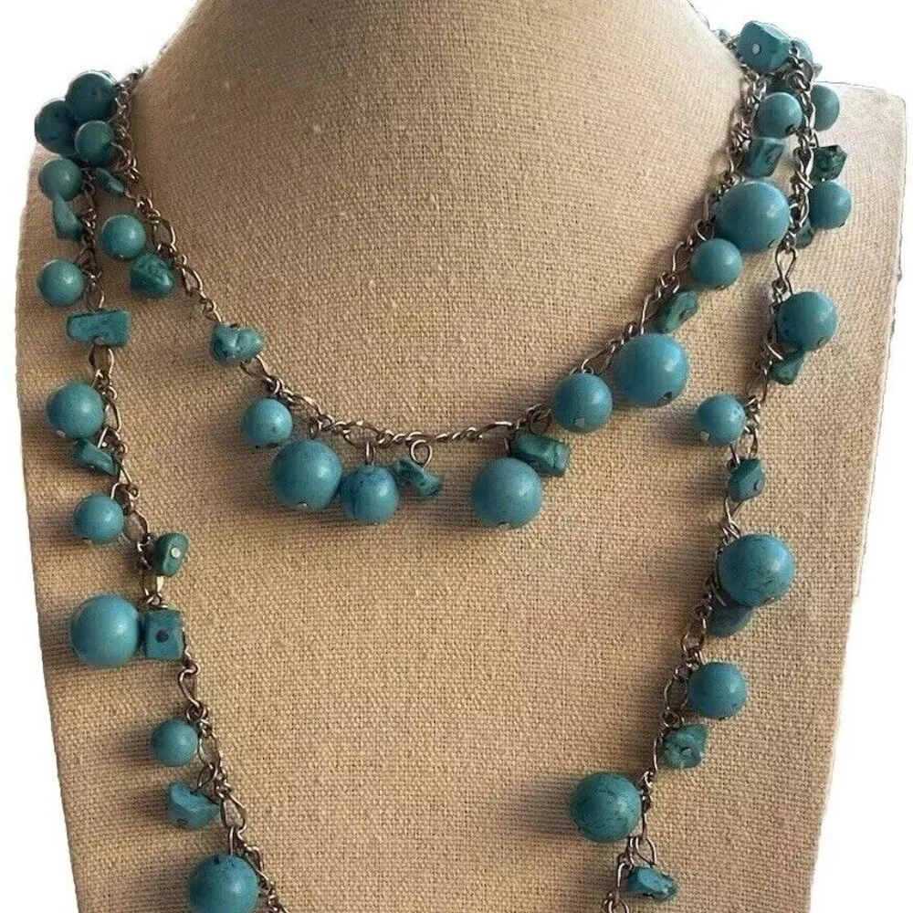 Vintage Turquoise Beaded Multiple Two Strand Chain Necklace South Western Aztec Blue - Image 2