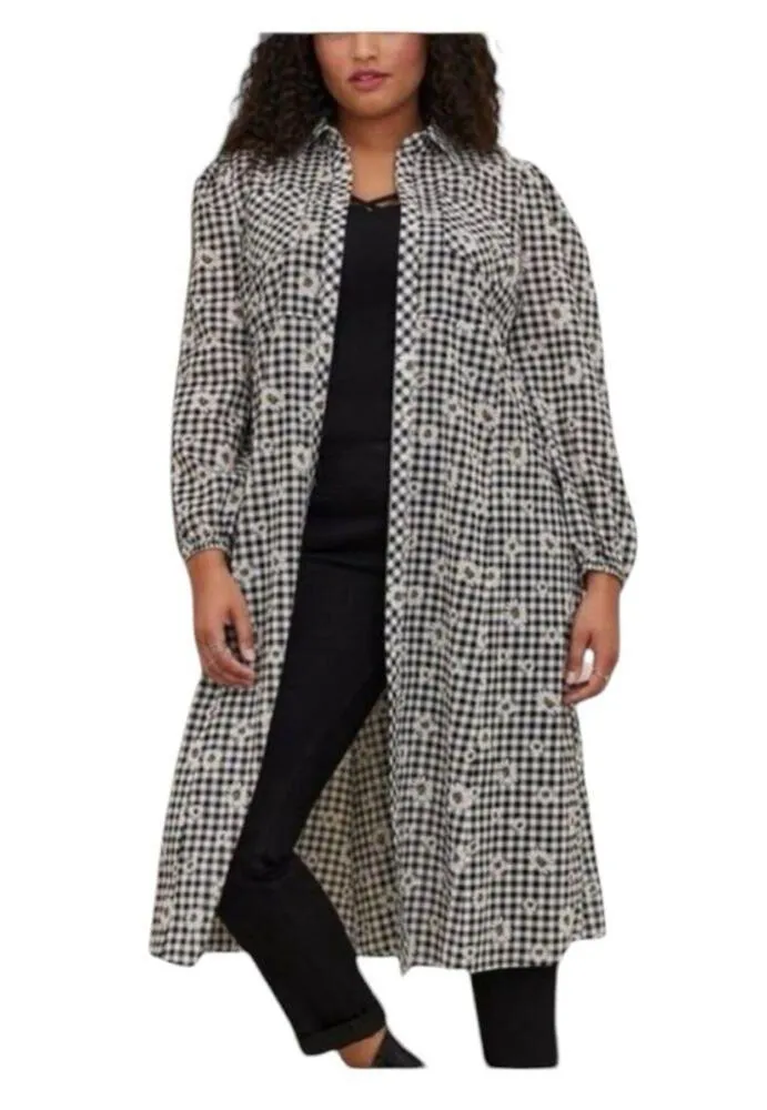 Torrid size 00 medium large kimono open front gingham daisy cardigan black new - Image 2