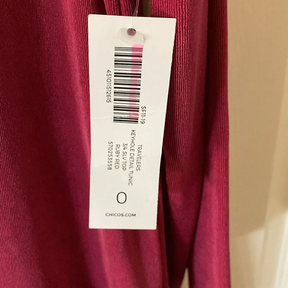 NEW Chico’s Travelers Keyhole Detail Tunic 3/4 Sleeve Top Blouse Ruby Red Size 0 - Image 3