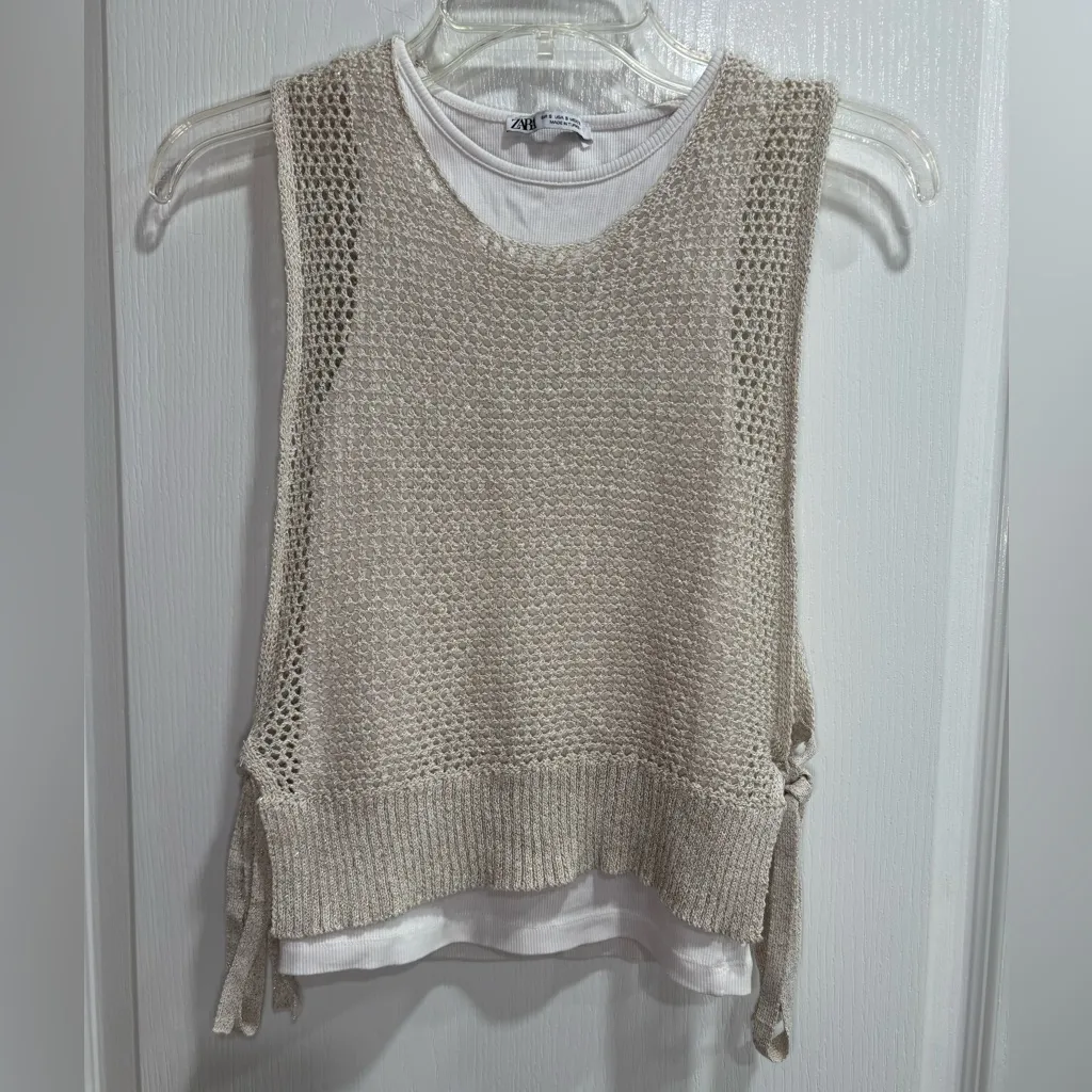 ZARA Shell Ribbed Tank Top, T-Shirt with Crochet Shimmer Vest, Women’s Small - Image 3