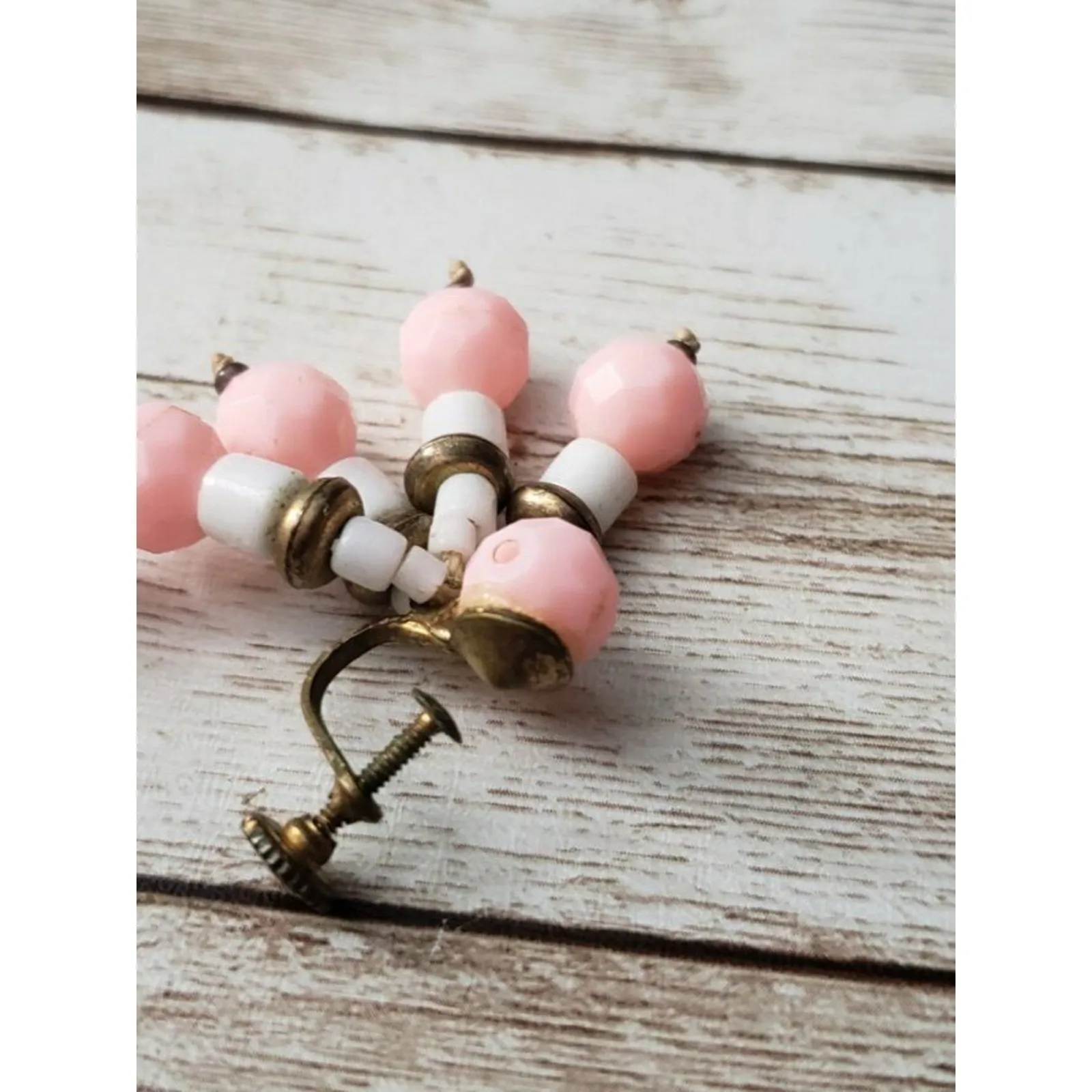 Vintage Screw On Earrings Pink & White Dangle Unusual Statement - Image 5