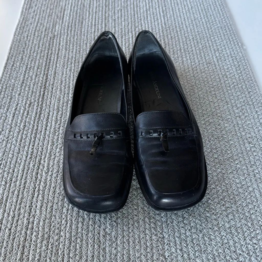 Vintage 90s Enzo Angiolini Black Leather Square Toe Block Heel Loafers Size 7 - Image 2