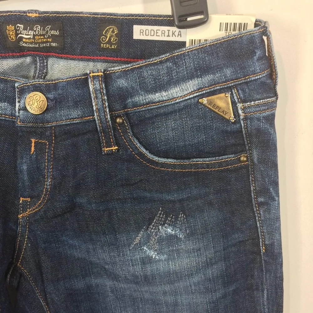 Replay women's size 28 chain link zipper pouch RODERIKA slim tapered jeans 28x29 Blue - Image 3
