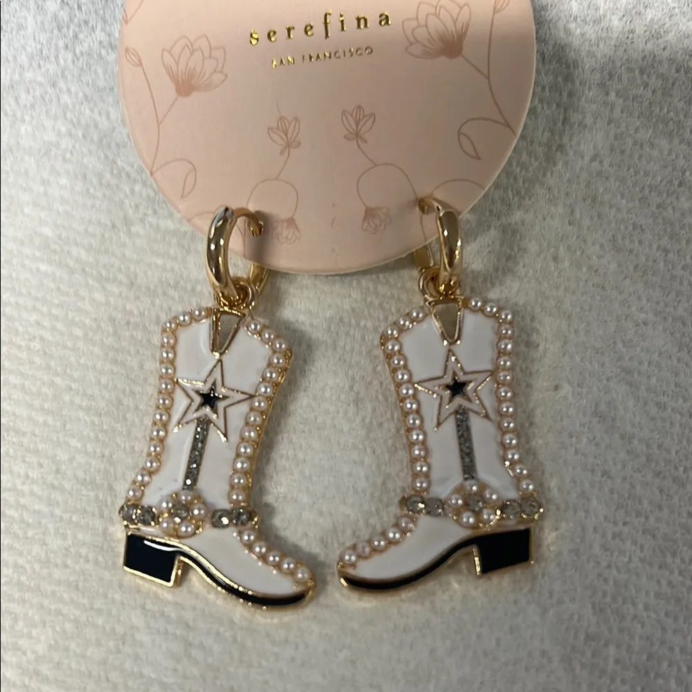 Serefina White and Black Cowboy Boot Earrings w/ Pearls!! - Image 2