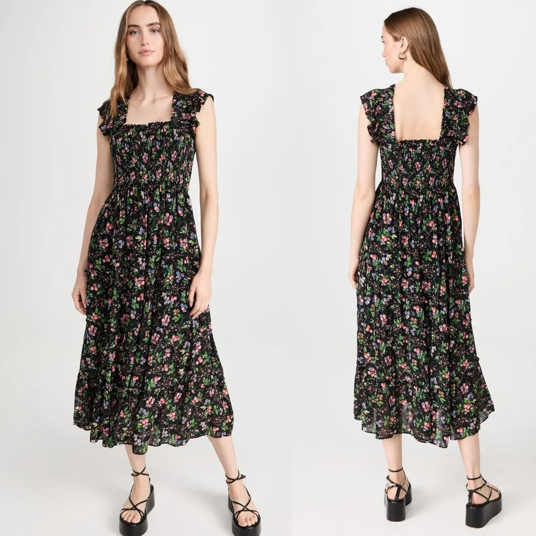 Hill House The Ellie Nap Dress Berry Floral Black‎ Sleeveless Midi Dress Size XS - Image 2