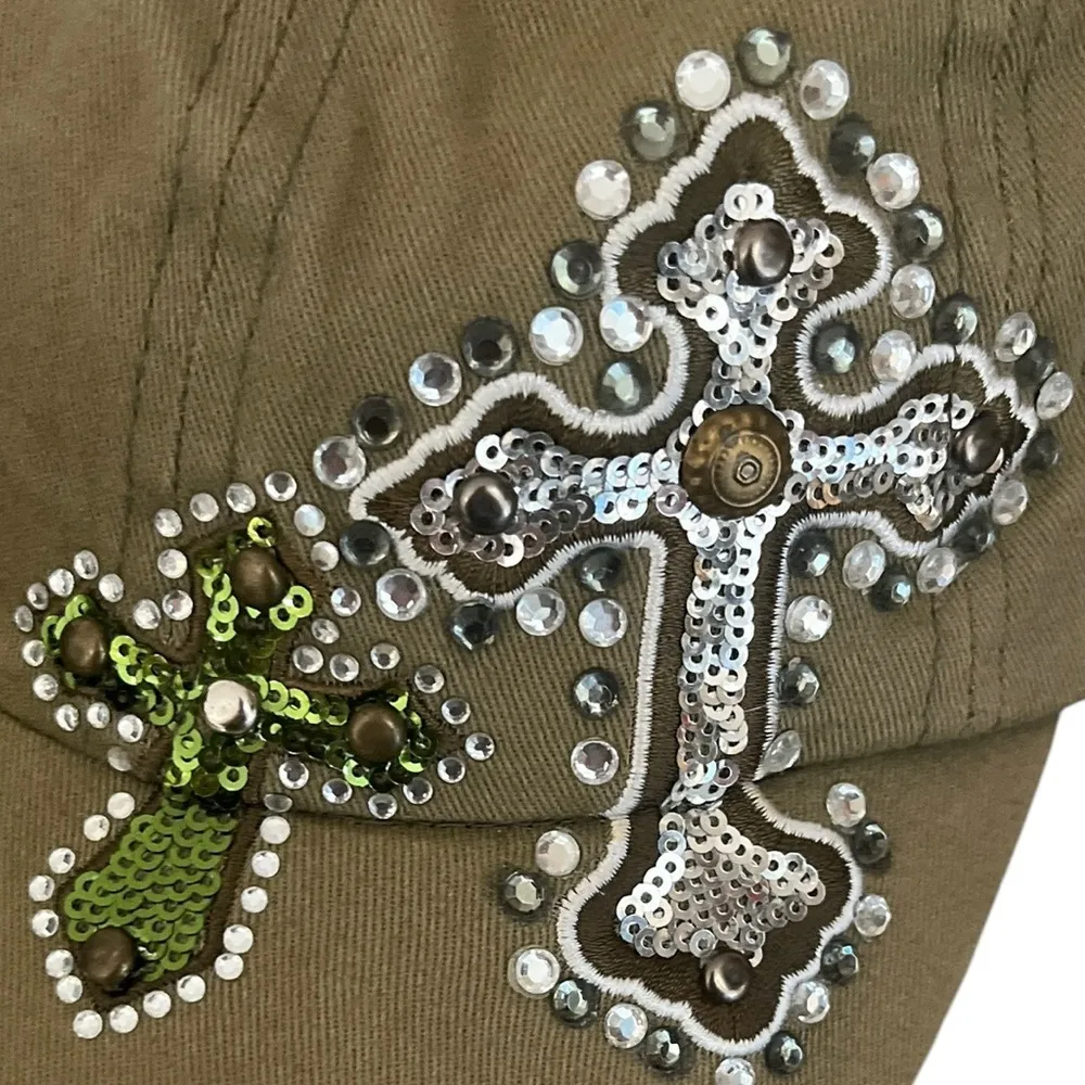 Something Special LA Embellished Sequins Rhinestones Studded Cross Khaki Cap Hat Tan - Image 6