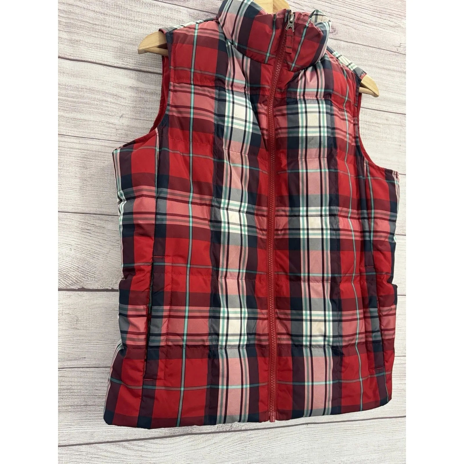 Lands End Down Puffer Vest Women SZ SMALL Full Zip Red Plaid Outdoors Nature - Image 3