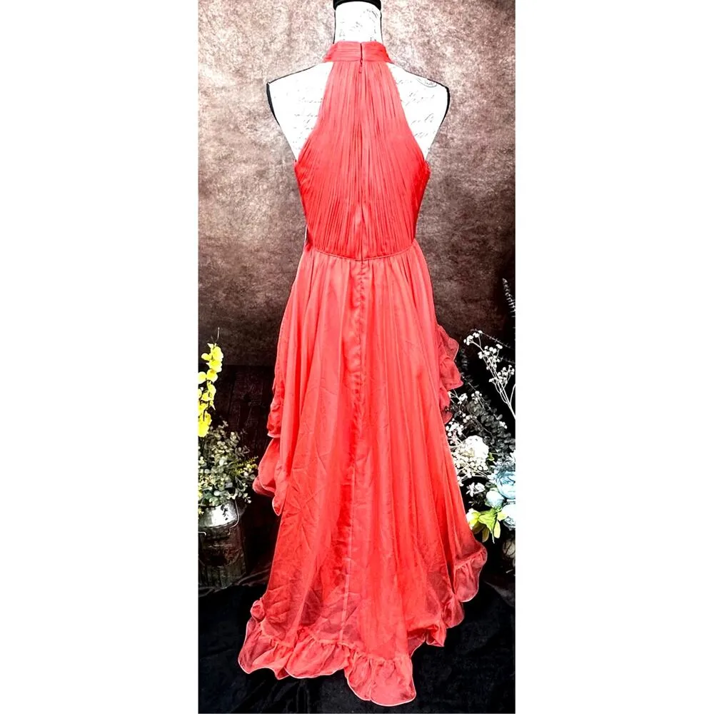 Mac Duggal Ruffle Tiered High Low Pleated Halter Neck Gown Tangerine size 6 - Image 12