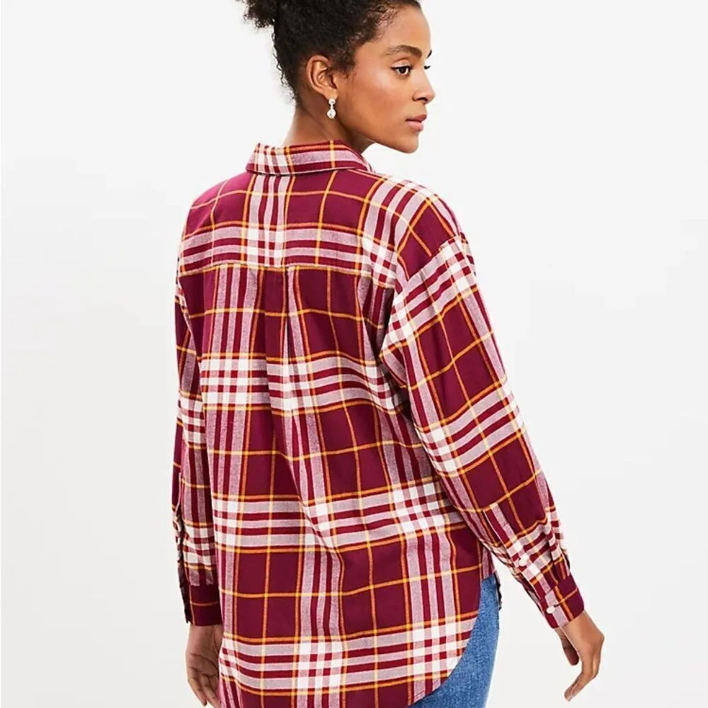 Loft Ann Taylor Plaid Flannel Oversized Everyday Shirt Women's Small‎ Burgundy - Image 2