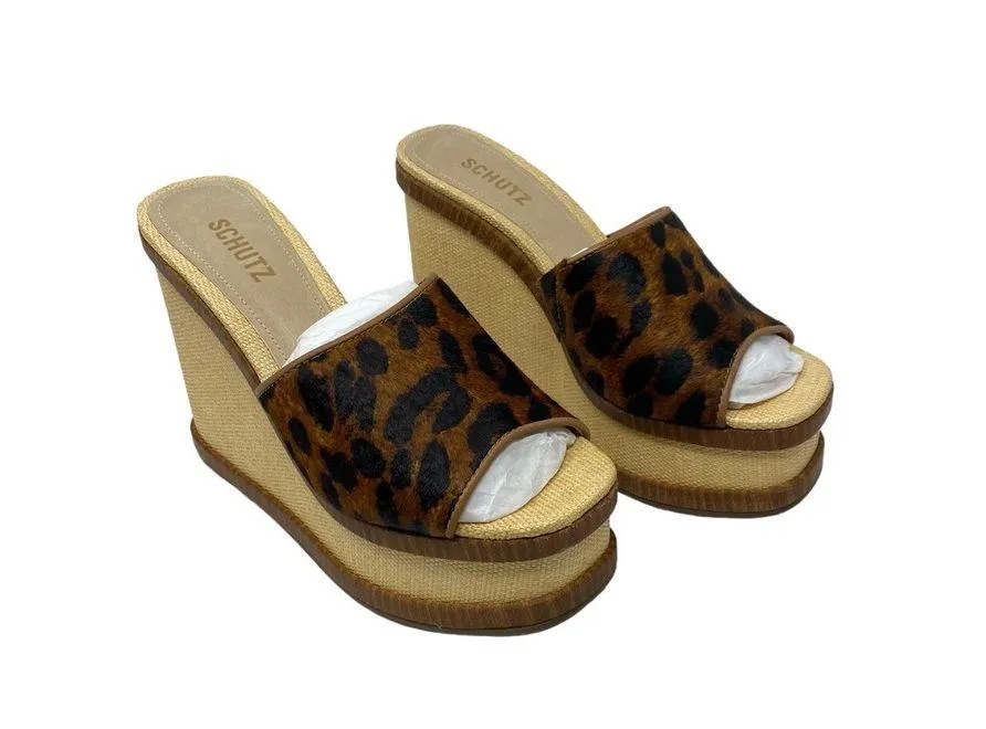 Schutz Dalle Platform Wedge Sandals 9 Wild Leopard Print Open Toe Slip On Casual - Image 3