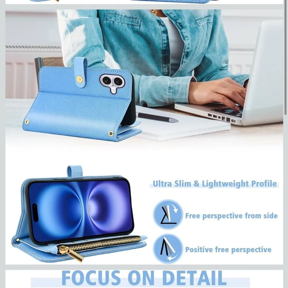 iPhone 16 6.1” Case Wallet Case Floral Wristlet Blue Card Holder Phone FC7 - Image 3