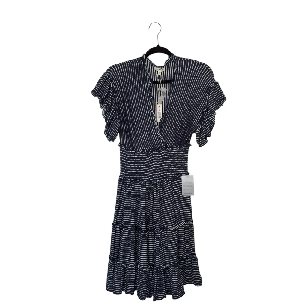 Max Studio Small Navy White V Neck Jersey Smocked Waist Tiered Stripe Dress NWT - Image 2