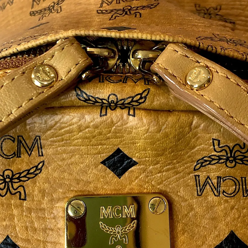 MCM Cognac Visetos Logo Metallic Embellished Full Size Unisex Backpack Book Bag - Image 3